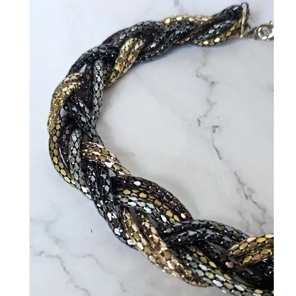 Vtg Herringbone Collar Necklace Tri Color Braided Metal 1980s